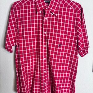 Nautica Red and White Checked Casual Short-Sleeve Shirt 100% Cotton Medium